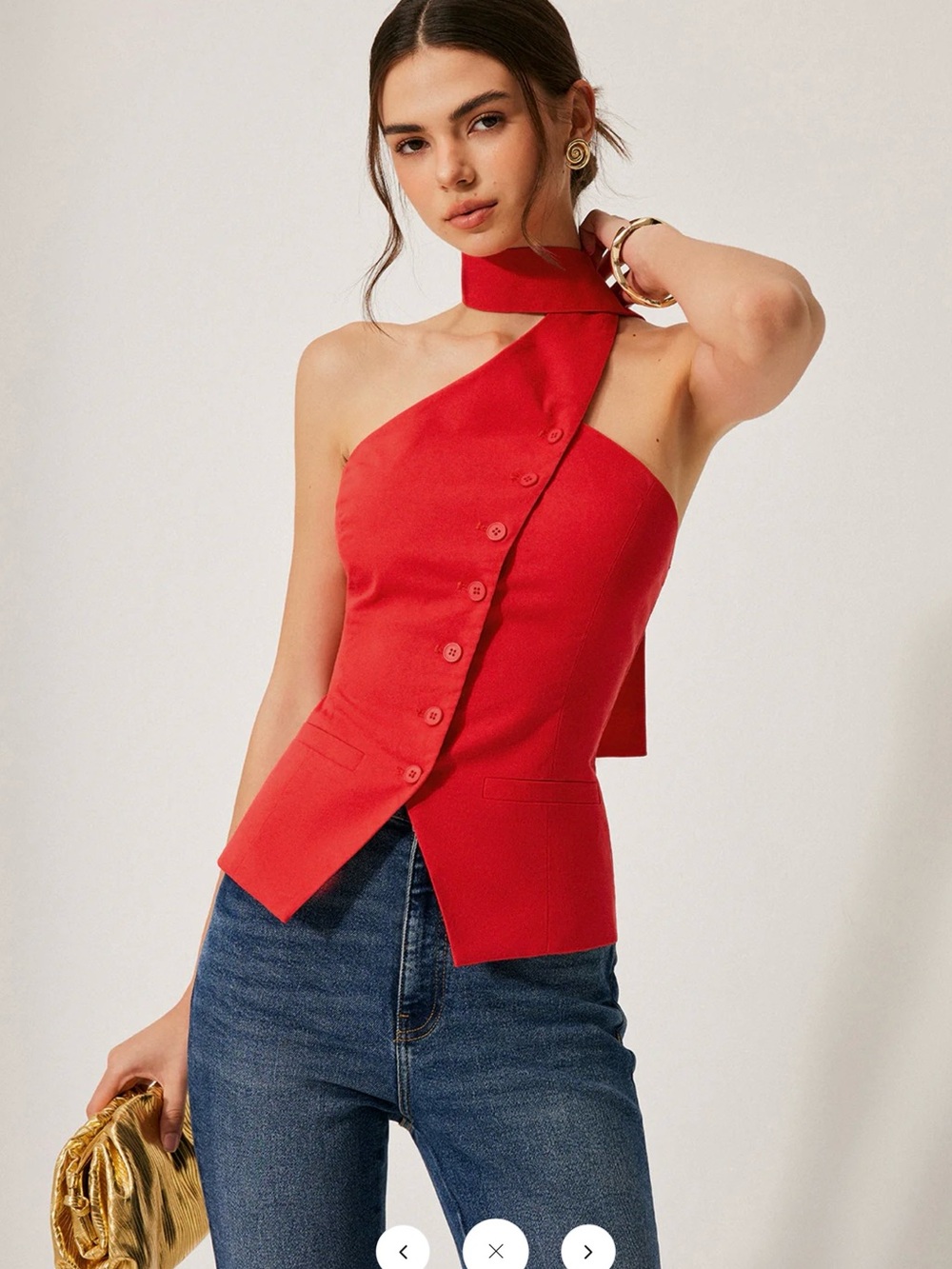Commense Red Cotton-Linen Halter Top with Decor Pockets - XL